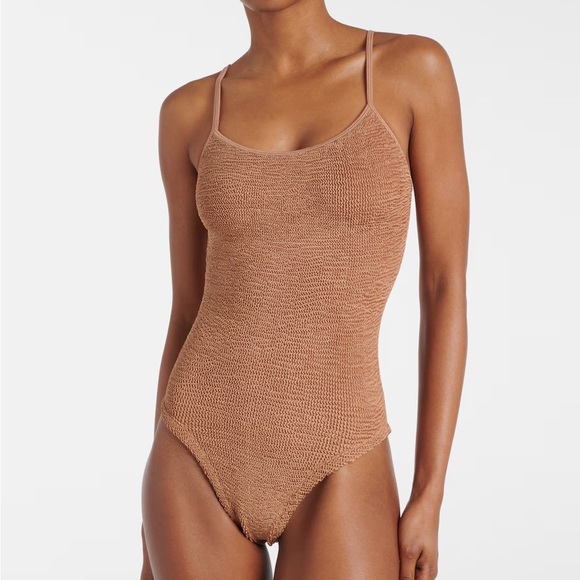 New Hunza G Pamela One Piece Swimsuit Metallic Cocoa Tan Brown Crinkle Stretchy - Picture 1 of 5